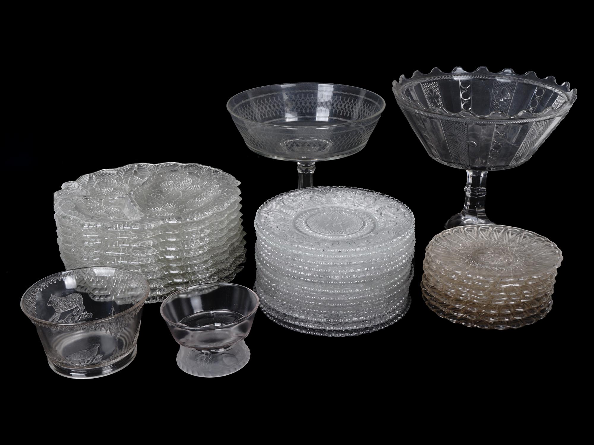 SANDWICH PRESSED GLASS PLATES AND GLASS TABLEWARE PIC-0